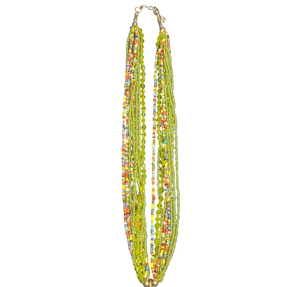 Multistrand Green Beaded Statement Necklace Large Mosaic Pendant Boho Artisan
